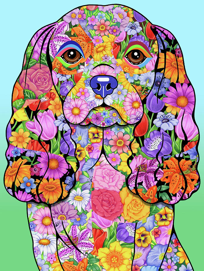 Animal Mixed Media - Flowers Cavalier King Chas by Tomoyo Pitcher