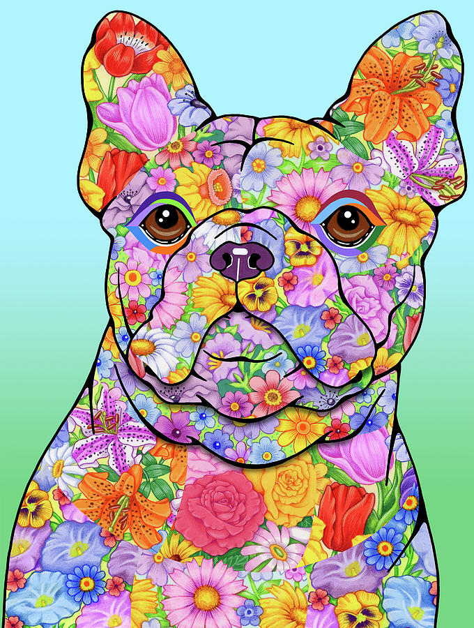 Animal Mixed Media - Flowers French Bulldog by Tomoyo Pitcher