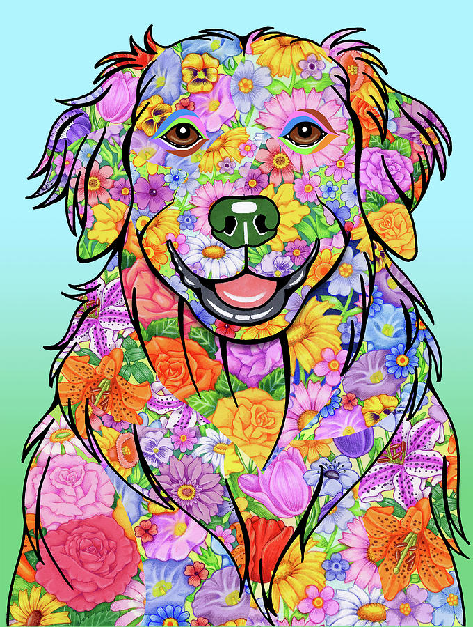 Dog Mixed Media - Flowers Golden Retriever by Tomoyo Pitcher