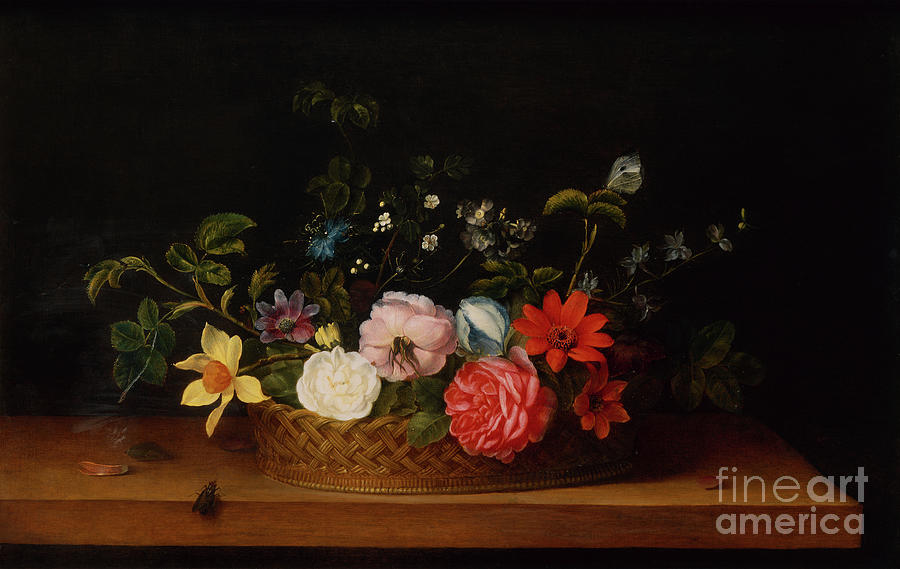 Flowers In A Basket With Insects On A Ledge Oil Painting by Frans Ykens