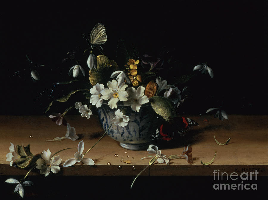 Flowers In A Blue And White Chinese Porcelain Bowl With A Red Admiral Butterfly On A Wooden Ledge Painting by Francois Habert