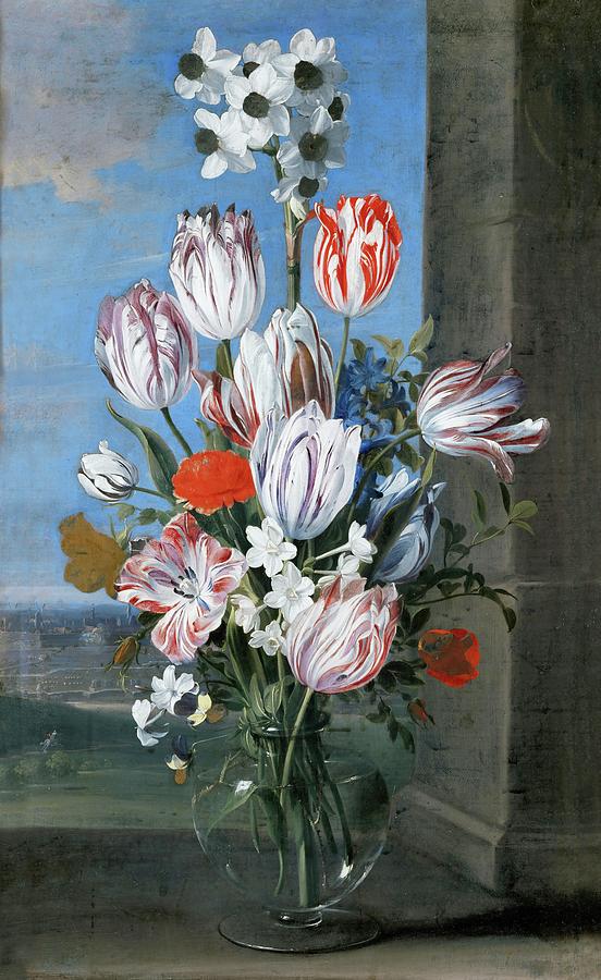 Flowers in a vase-in the background the battle of Gravelingen, 1652. Painting by Jan Van Den Hecke