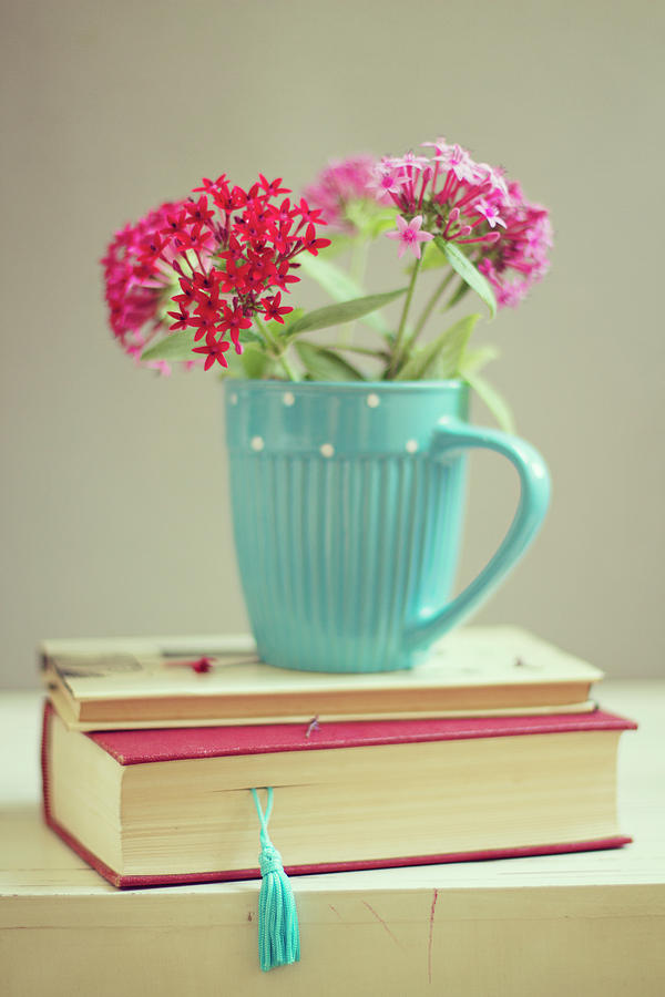 Flowers In Blue Cup On Two Books Photograph by Copyright Anna Nemoy(xaomena)