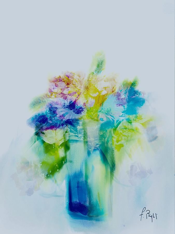 Flowers in Blue Vase Abstract Digital Art by Frank Bright