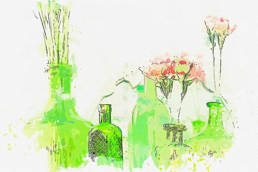 Flowers in bottles -  watercolor by Ahmet Asar Painting by Celestial Images