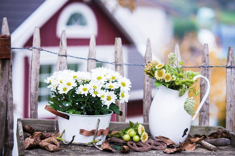 Flowers In Bucket And Old Washstand Pitcher In Front Of Paling Fence Photograph by Bildhbsch