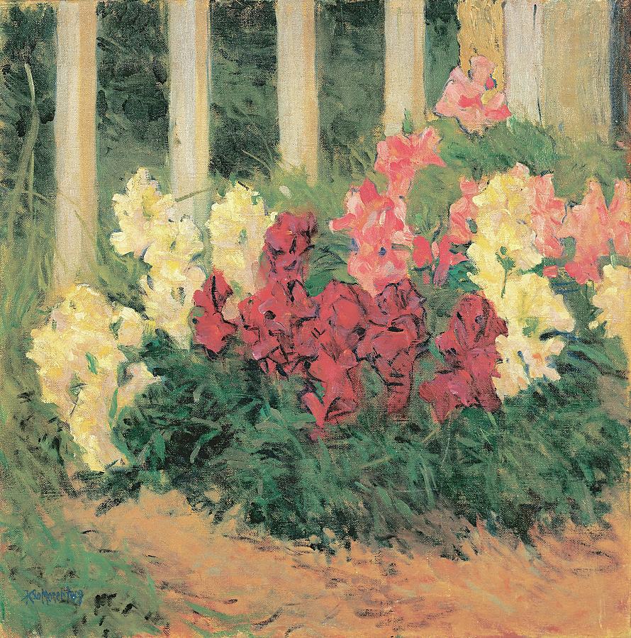 Flowers in front of a garden fence  1909  Oil on canvas, 50 x 100cm. Painting by Koloman Moser