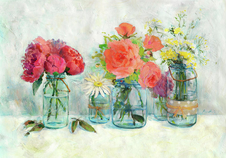 Still Life Mixed Media - Flowers In Mason Jars by Marietta Cohen Art And Design