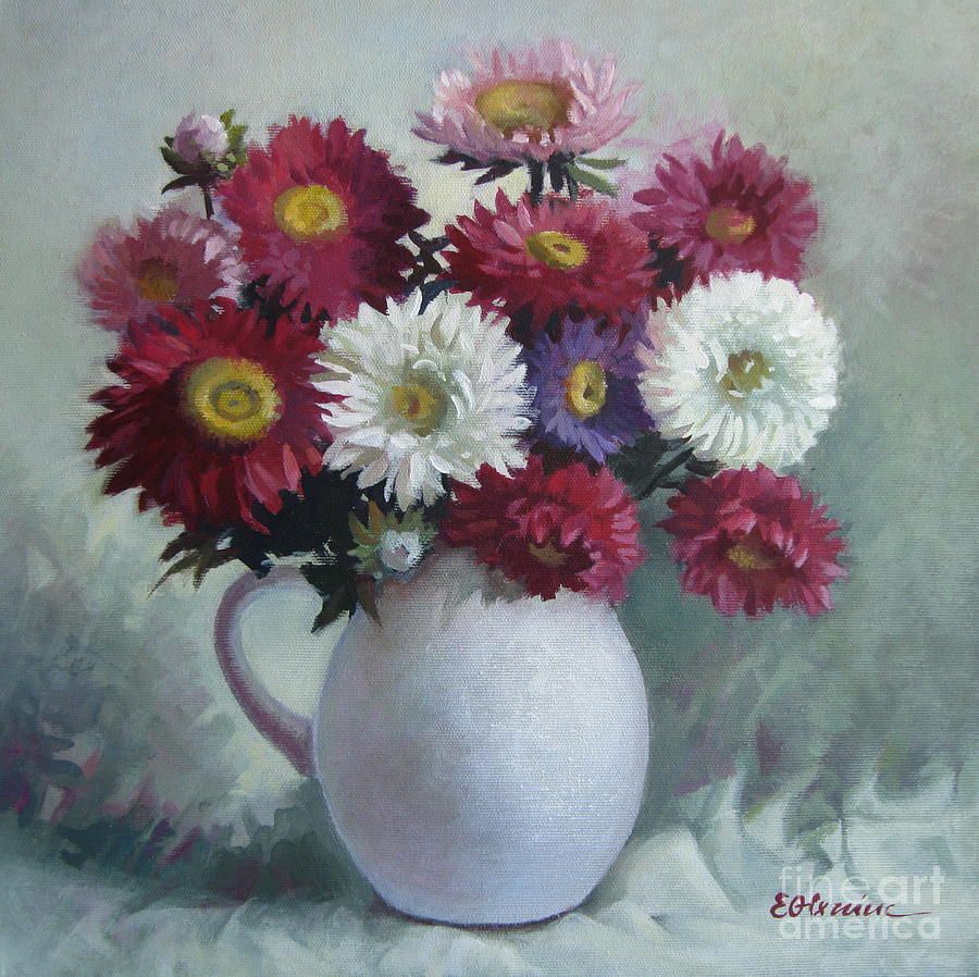 Flowers in white vase Painting by Elena Oleniuc