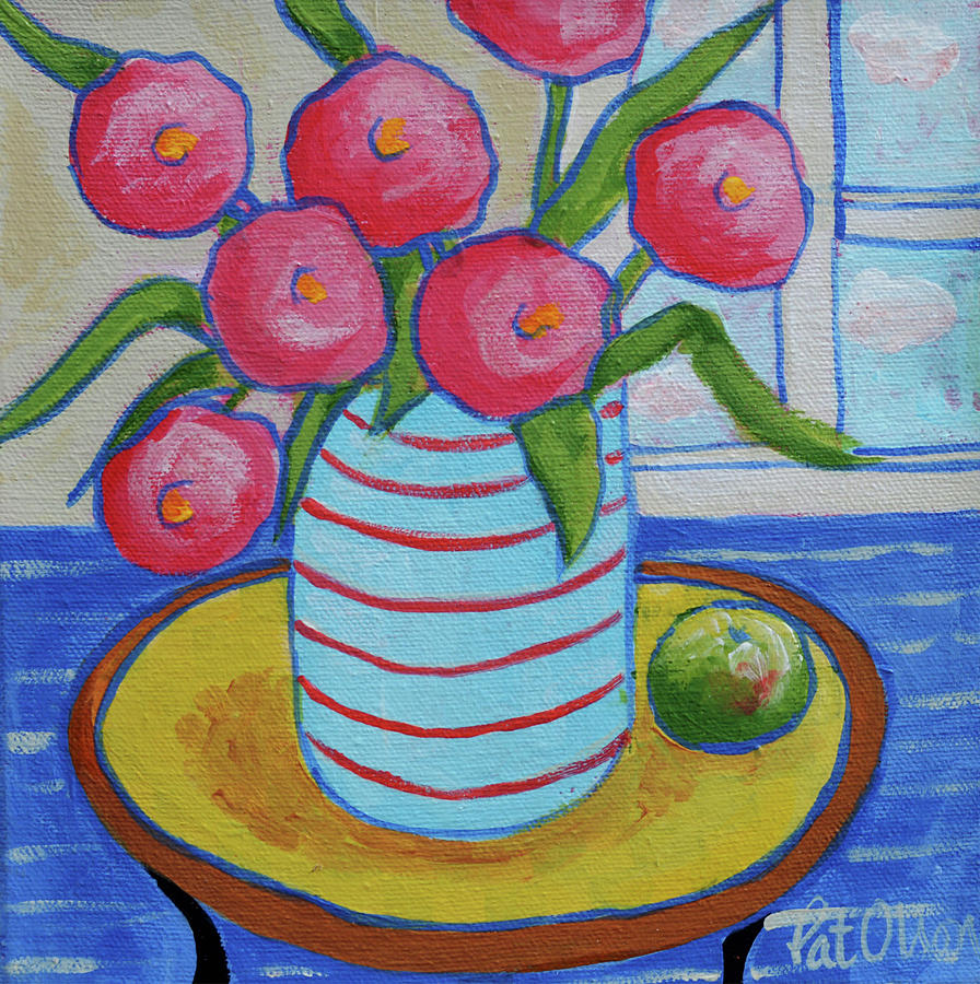Spring Painting - Flowers - Pink In Blue Pot by Pat Olson Fine Art And Whimsy