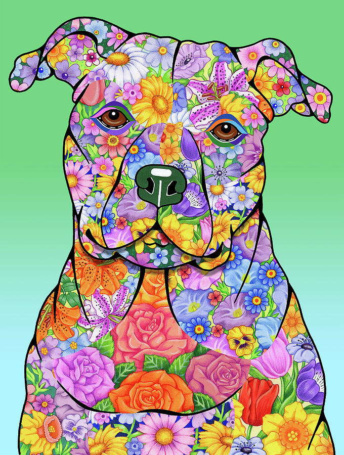 Animal Mixed Media - Flowers Pitbull by Tomoyo Pitcher
