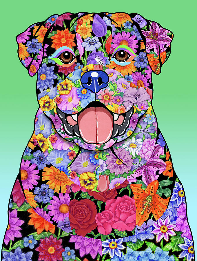 Animal Mixed Media - Flowers Rottweiler by Tomoyo Pitcher