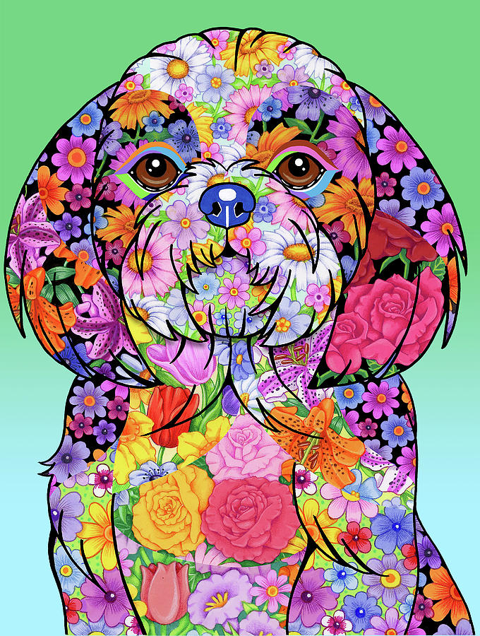 Dog Mixed Media - Flowers Shih Tzu by Tomoyo Pitcher