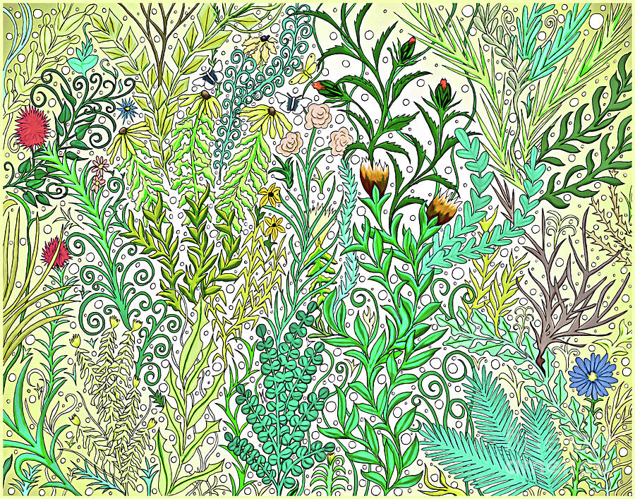 Flowers, Vines, Ferns and Butterflies with Yellow Backdrop Digital Art by Lise Winne