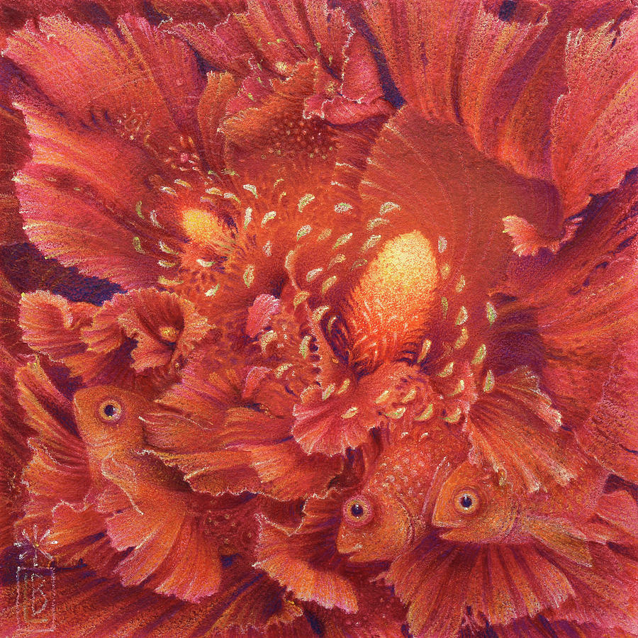 Flowers With Fish Painting by Lynn Bywaters