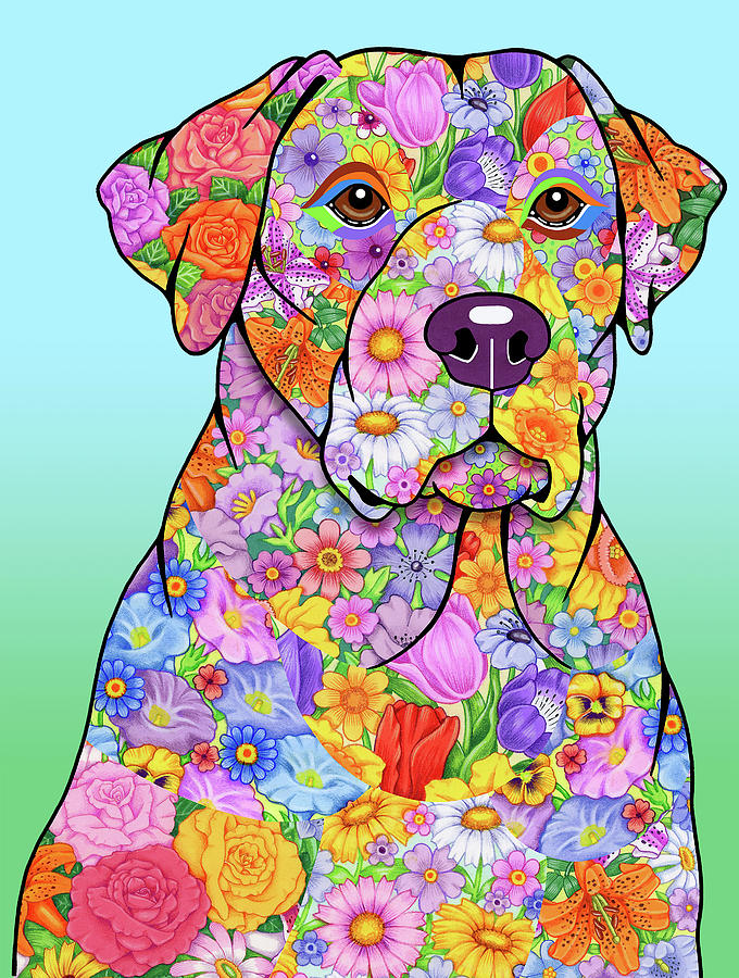 Dog Mixed Media - Flowers Yellow Lab by Tomoyo Pitcher