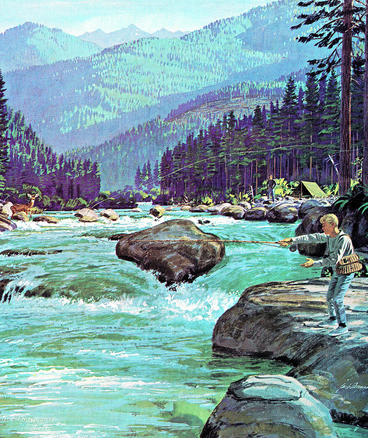 Fish Drawing - Fly Fishing on a Mountain Stream by CSA Images