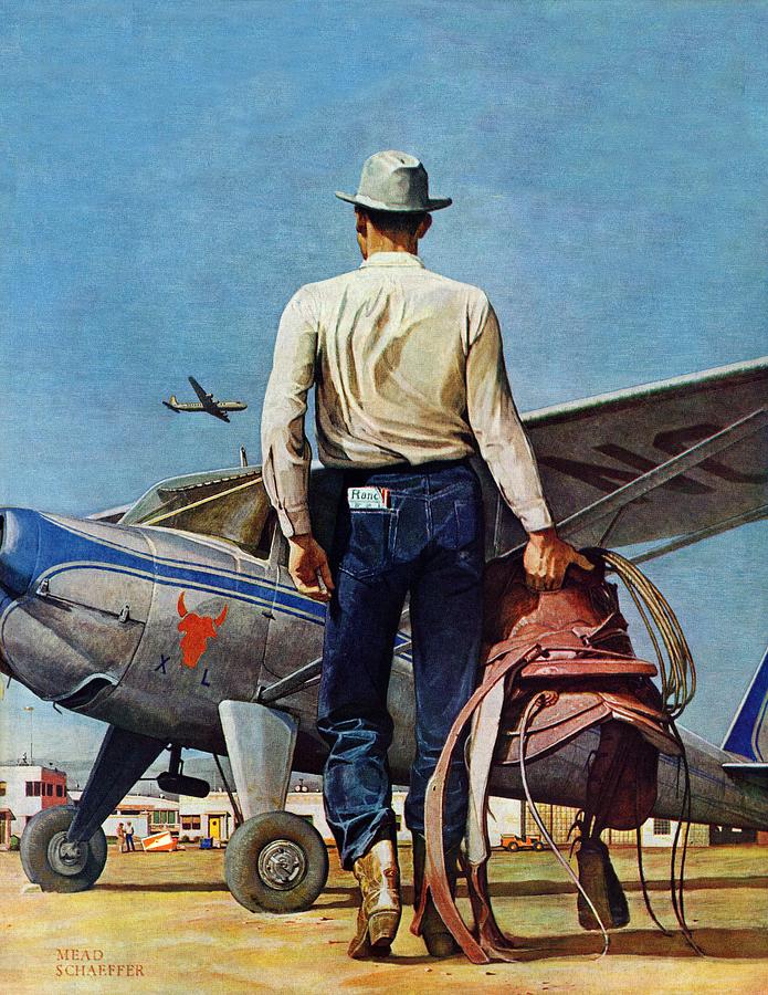 Airplane Drawing - Flying Cowboy by Mead Schaeffer