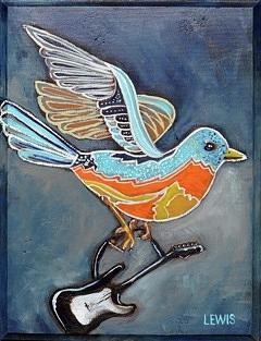 Flying Guitar Painting by Ellen Lewis