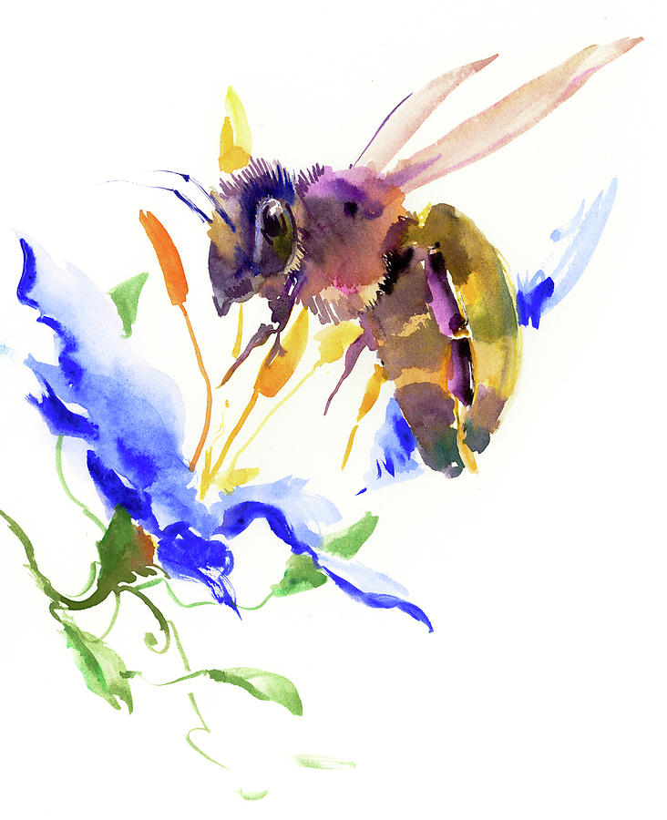 Flying Honey Bee and Flowers Painting by Suren Nersisyan