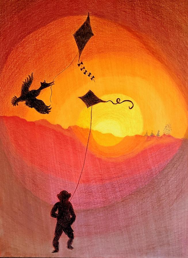 Flying Kites At Sunset Painting