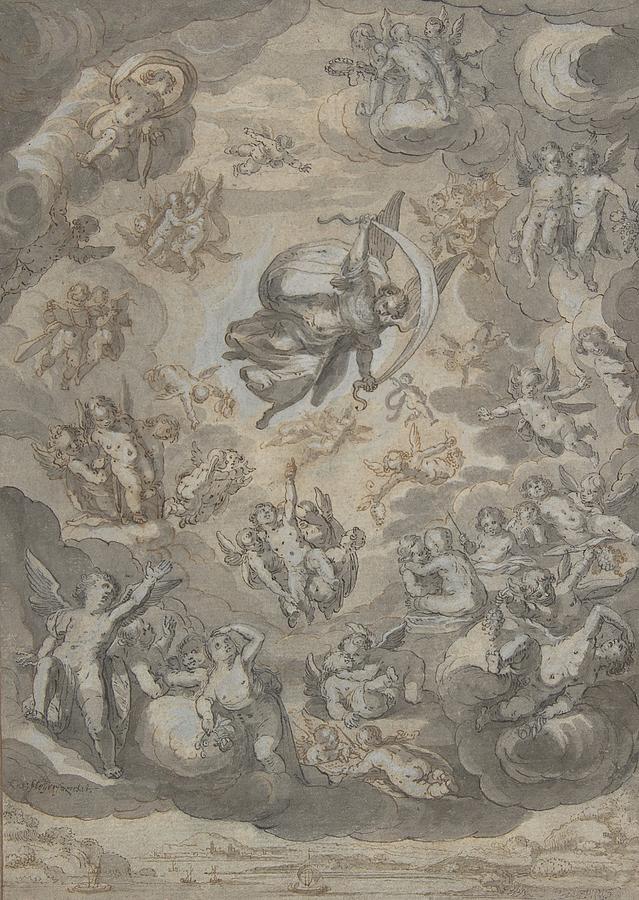 Flying Putti, Surrounding Archangel Raphael Drawing by Conrad Meyer ...