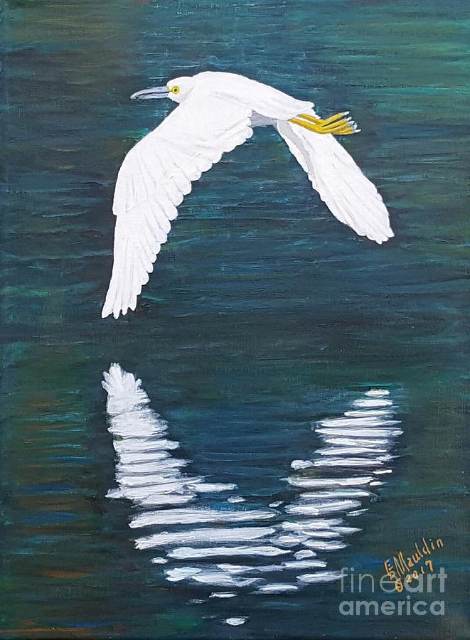 Flying Snowy Egret Painting by Elizabeth Mauldin