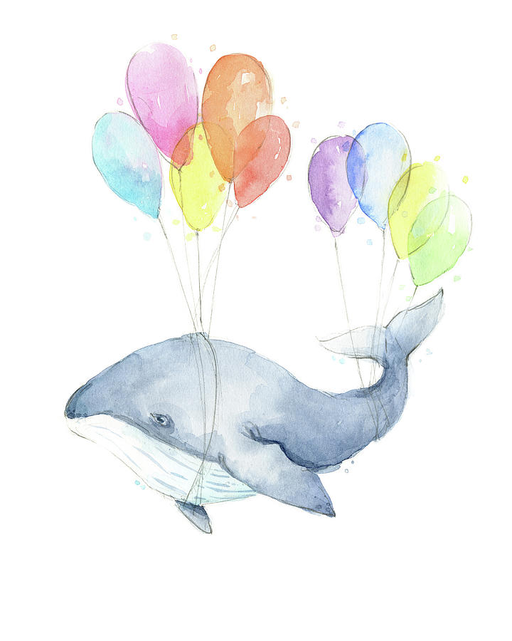 Whale Painting - Flying Whale with Balloons by Olga Shvartsur