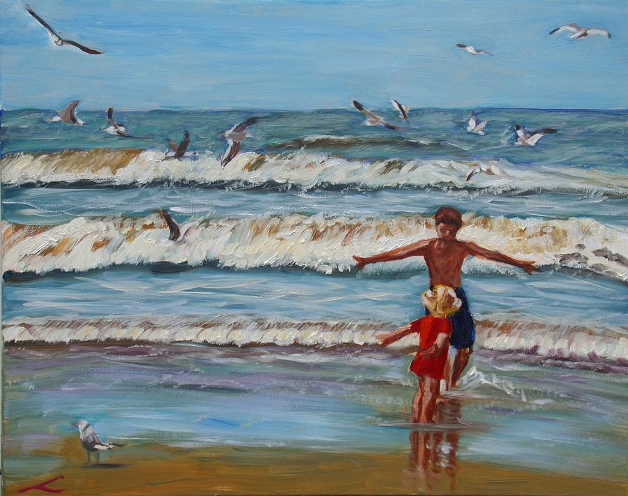 Seagull Painting - Flying with seagulls by Elena Sokolova