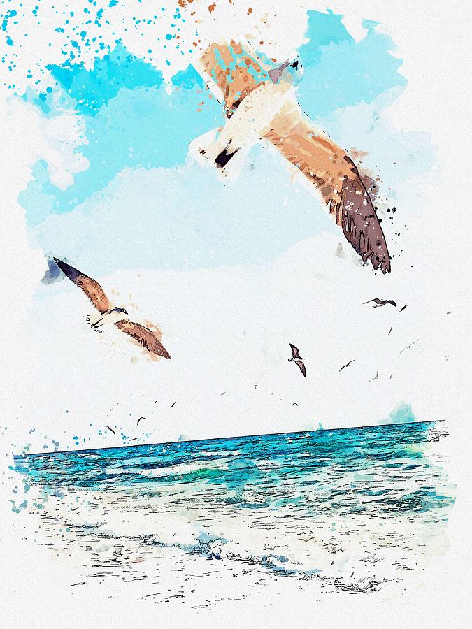 Flyover seagulls -  watercolor by Adam Asar Painting by Celestial Images