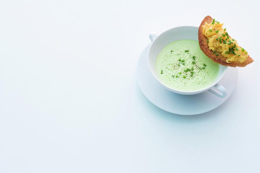 Foamy Herb Soup With Egg Crostini Photograph by Michael Wissing