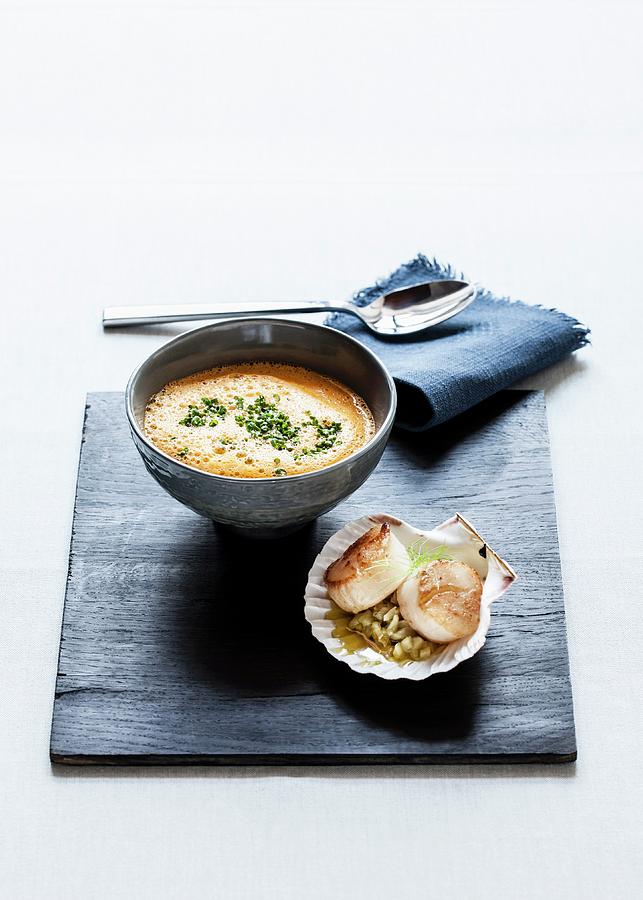 Foamy Tomato And Fennel Soup With Chives And Fried Scallops With Fennel Confit Photograph by Julia Hildebrand