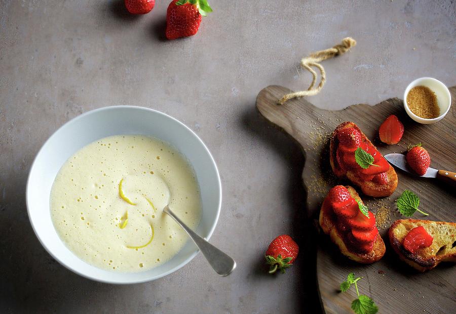 Foamy White Beer Soup With Lemon Served With Sweet Bruschetta With Strawberries Photograph by Fotos Mit Geschmack Jalag