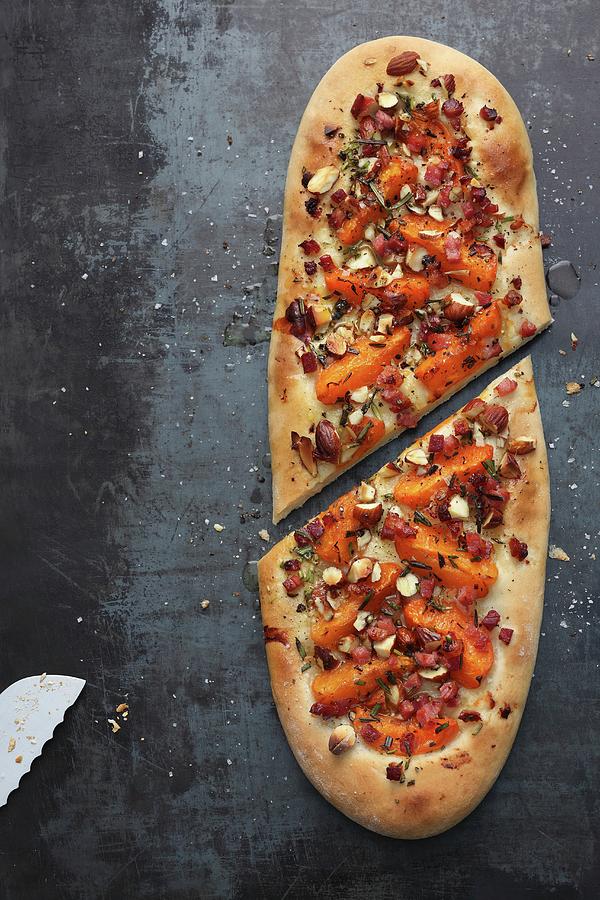 Focaccia With Apricots, Bacon And Hazelnuts seen From Above Photograph by Jalag / Mathias Neubauer
