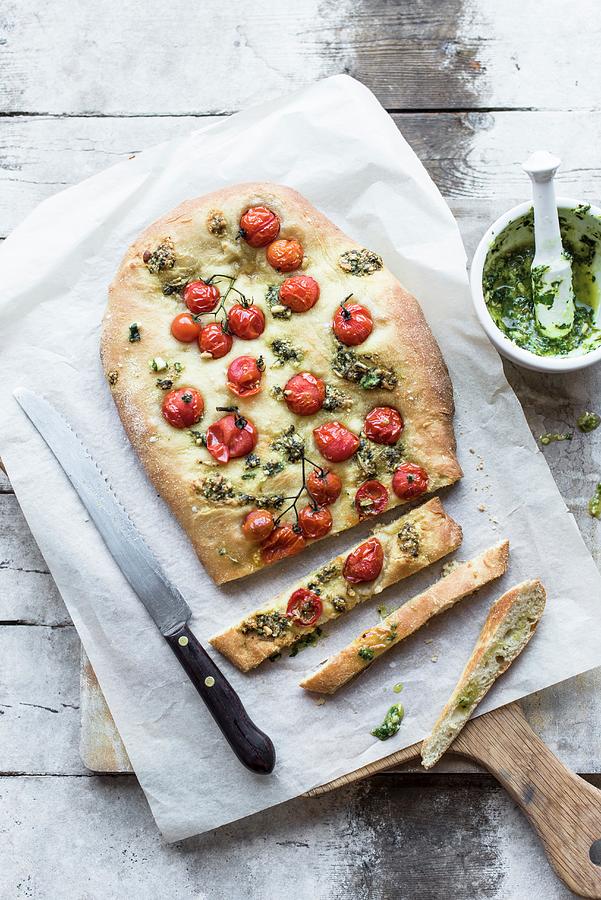 Focaccia With Tomatoes And Pesto, Sliced seen From Above Photograph by Magdalena Hendey