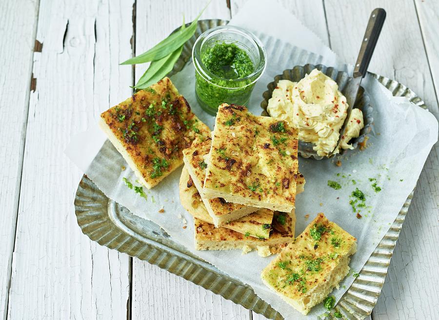 Foccacia On A Tray With Salted Butter And Bears Garlic Pesto Photograph by Stefan Schulte-ladbeck