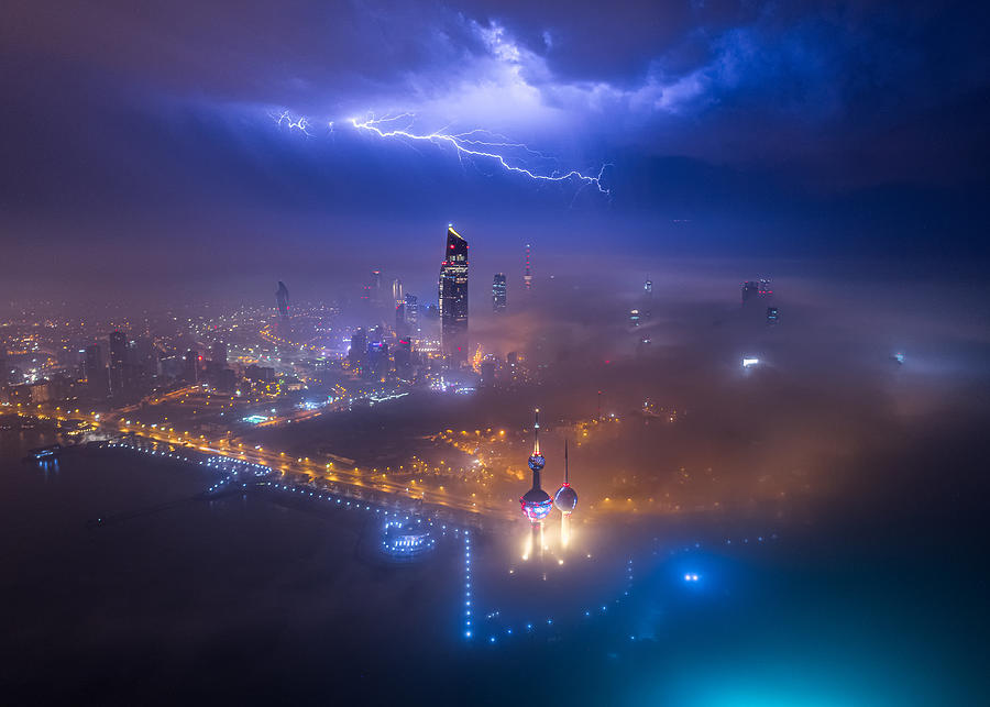 City Photograph - Fog And Lightning In Kuwait City by Faisal Alnomas