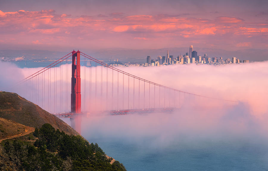 Architecture Photograph - Fog Engulfing Golden Gate Bridge by Sophia Li