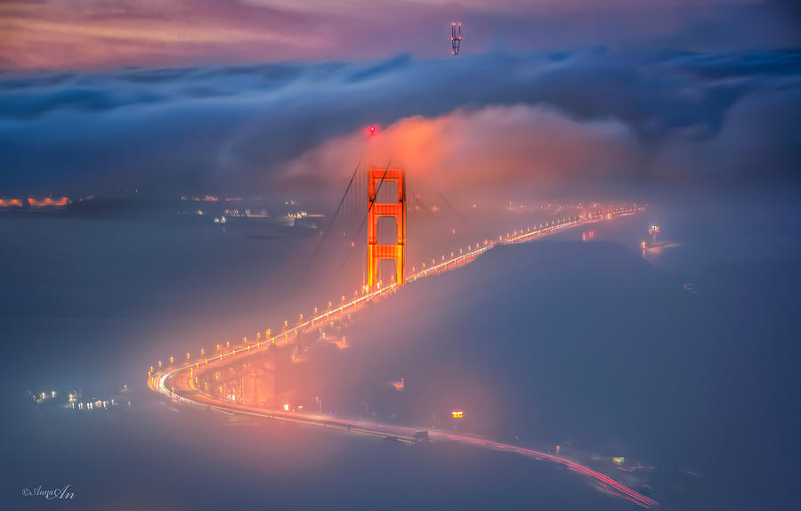 Landscape Photograph - Fog Nighttime On Golden Gate Bridge by Anna An