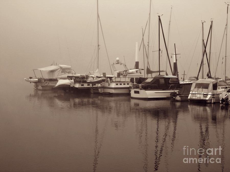 Boat Photograph - Fog on the Rhine  Sepia by Sarah Loft
