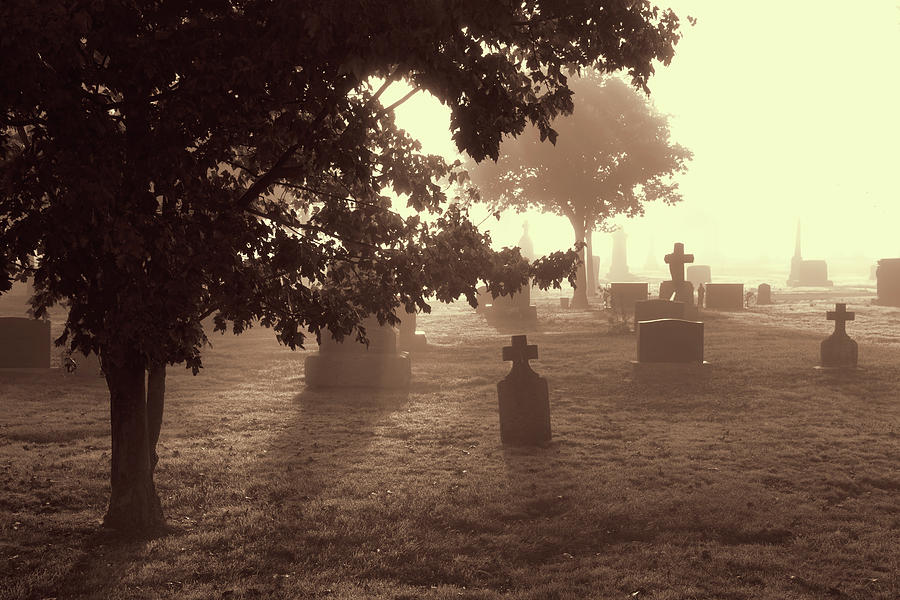 Foggy Cemetery - Sepia Photograph by Peggy Collins