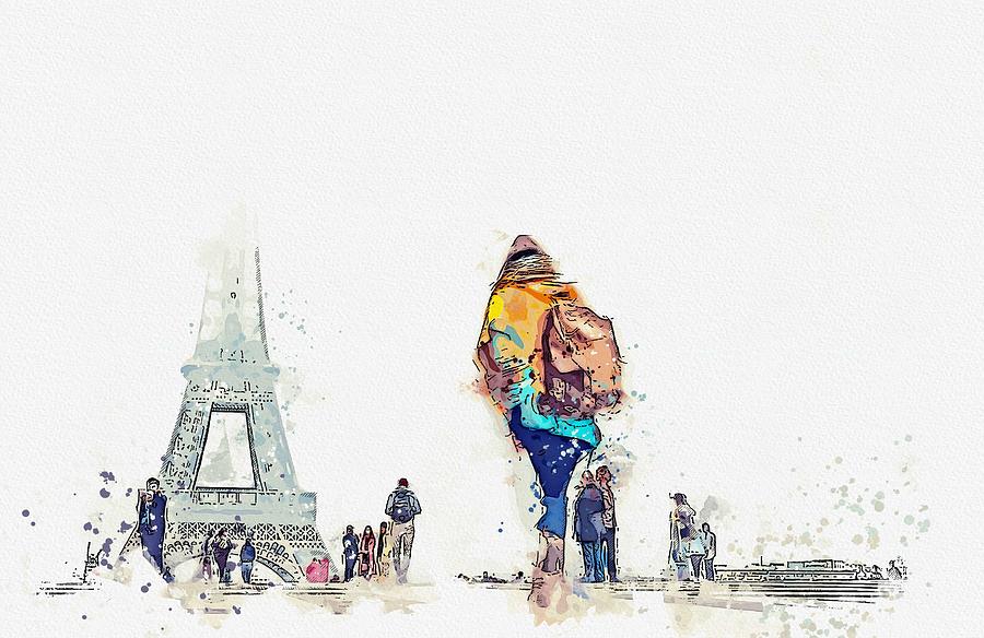 Foggy Eiffel Tower, Paris, France -  watercolor by Adam Asar Painting by Celestial Images