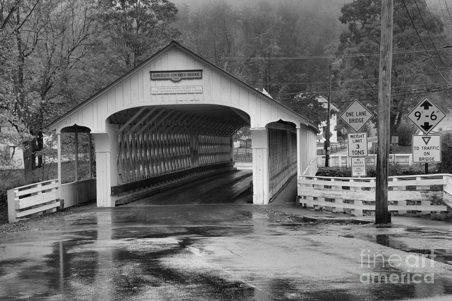 Foggy Fall Foliage At The Ashuelot Covered Bridge Black And White Photograph by Adam Jewell