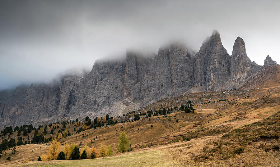 Foggy mountain landscape of the picturesque Dolomites mountains Photograph by Michalakis Ppalis