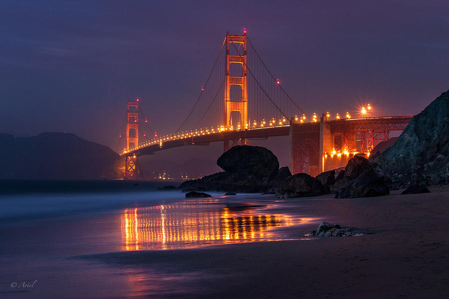 Architecture Photograph - Foggy Night By Golden Gate Bridge by Ariel Ling