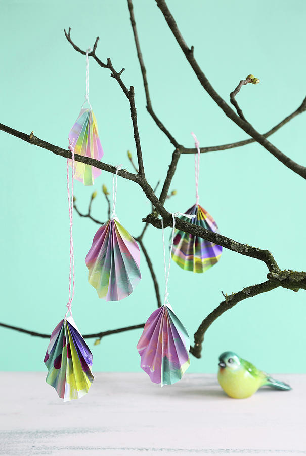 Folded Paper Easter Eggs Hanging From Branch Photograph by Thordis Rggeberg