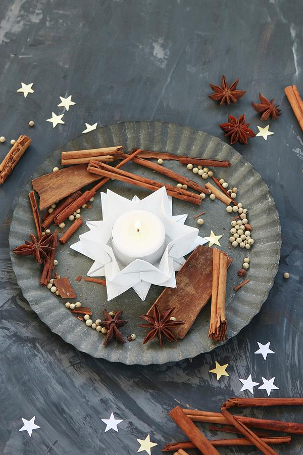 Folded White Paper Stars Used As Tealight Holder Photograph by Regina Hippel