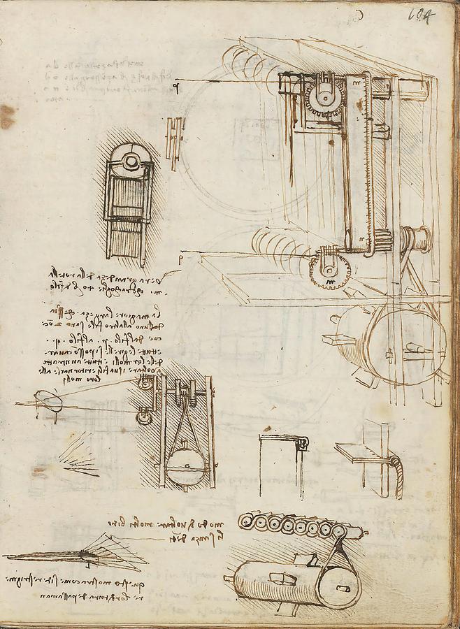 Folio f 104r. Codex Madrid I -Ms. 8937- Treaty of statics and mechanics, 192 folios with 384 pa... Drawing by Album