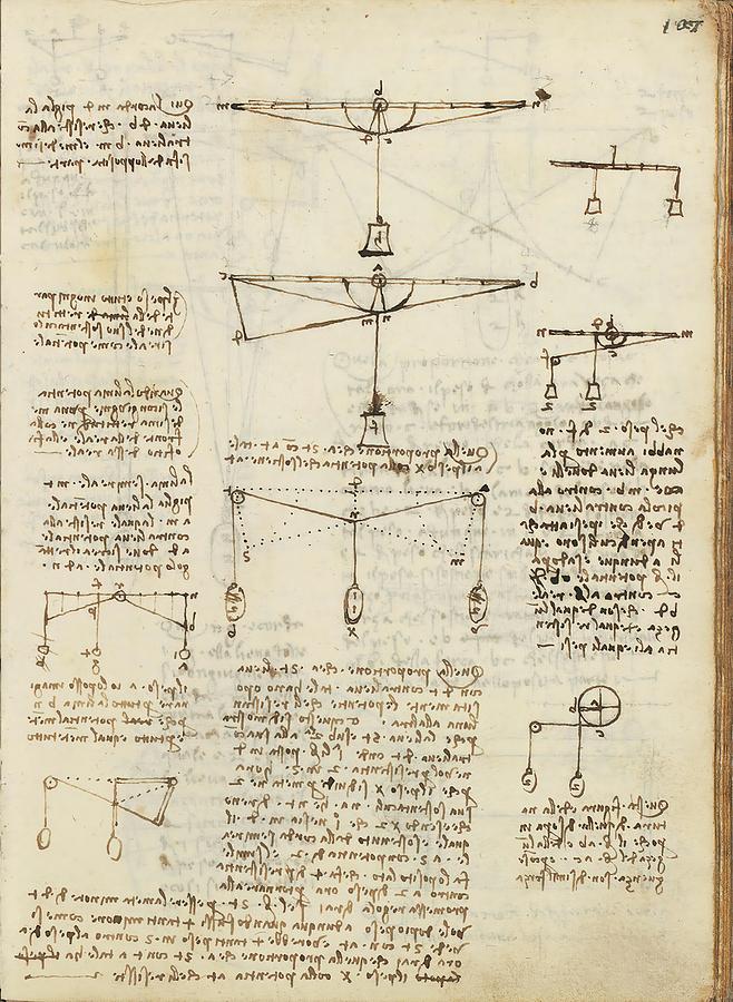 Folio f 107r. Codex Madrid I -Ms. 8937- Treaty of statics and mechanics, 192 folios with 384 pa... Drawing by Album