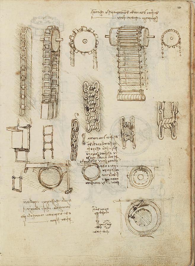 Folio f 10r. Codex Madrid I -Ms. 8937- Treaty of statics and mechanics, 192 folios with 384 pag... Drawing by Album